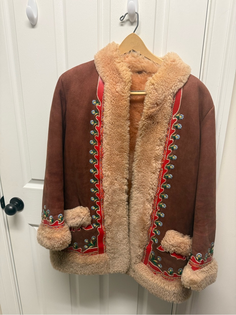 Women’s Vintage 70’s 80’s Polish Suede and Sheerling Hand Embroidered Coat.